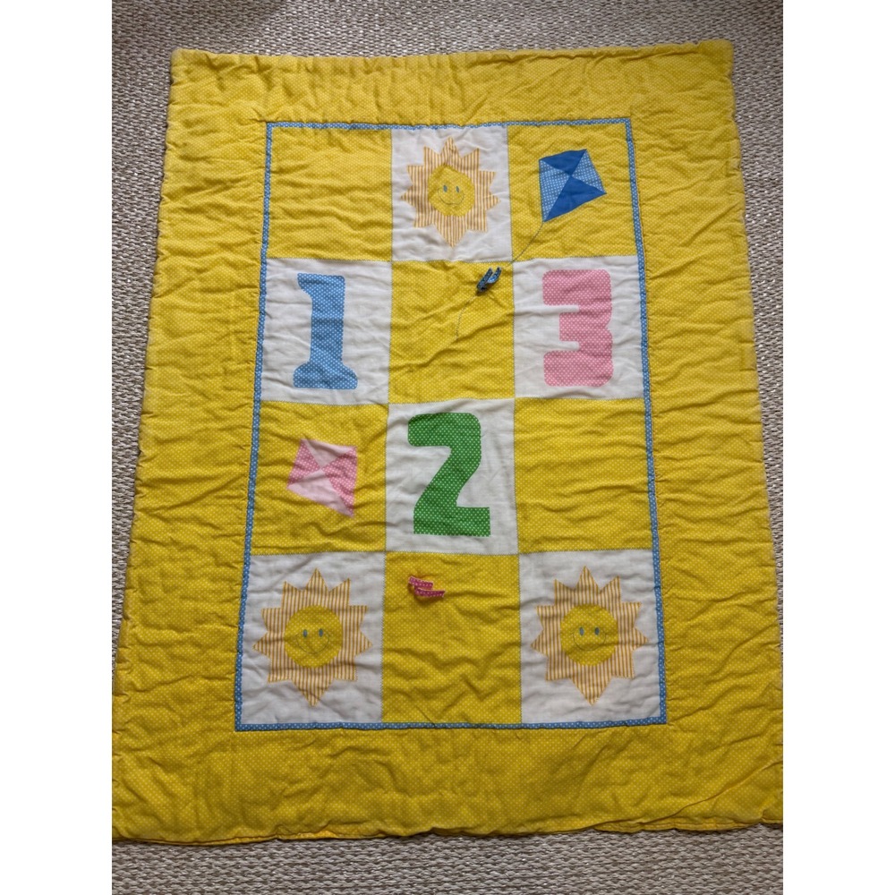 Vintage Handmade Baby Quilt Yellow Polka Dot Sun 123 Nursery Blanket crib
